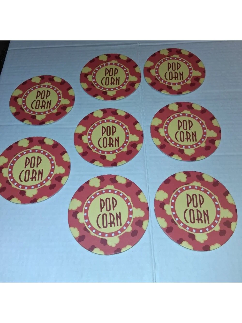 Set Of 8 Popcorn-Themed Round Cardboard Coasters Red & Yellow Design 4 Inches